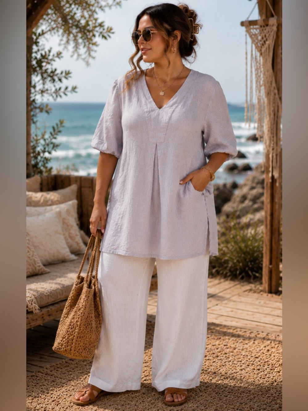 Coastal Grandmother Boho Old Money Chic Dusty Gray V-Neck Linen Tunic Top